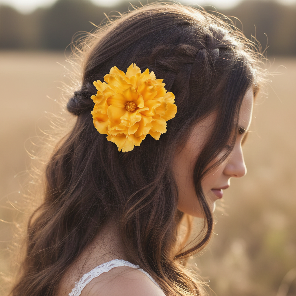Golden yellow peony flower pick worn as a hair accessory in dark hair, boho bridal styling