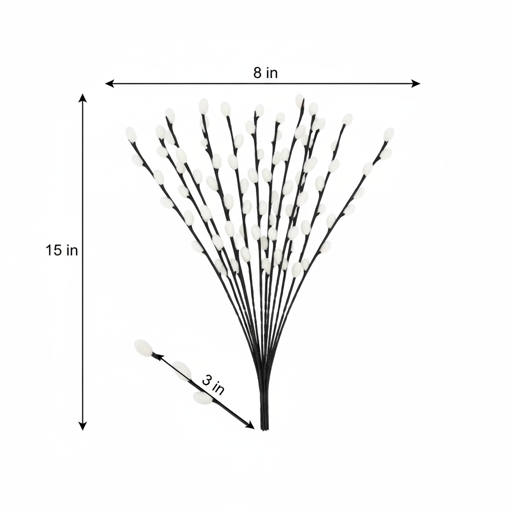 Measurement diagram of artificial pussy willow stems bundle showing 15 inch height on white background