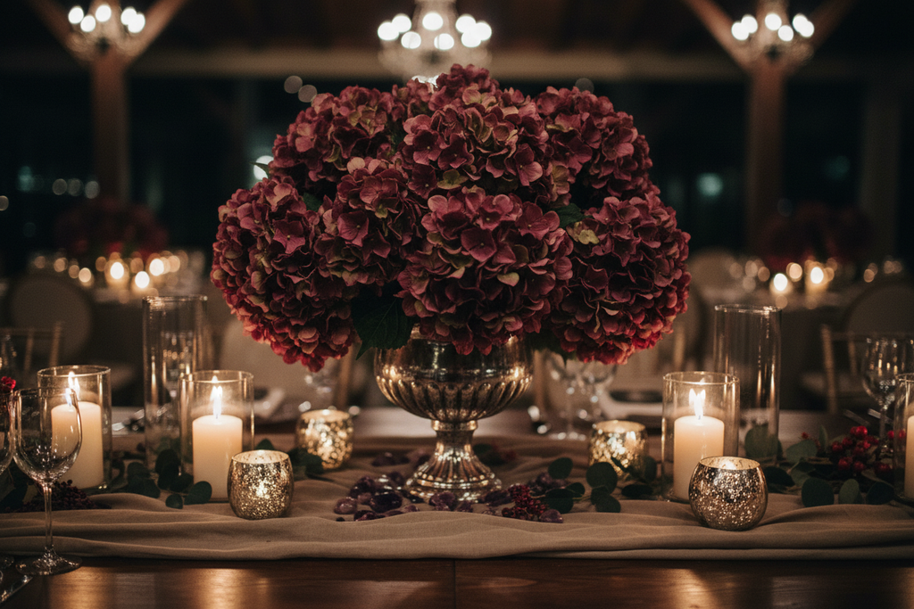 Fall wedding reception centerpiece featuring plum mauve hydrangea stems in vintage vase with candles and moody romantic setting