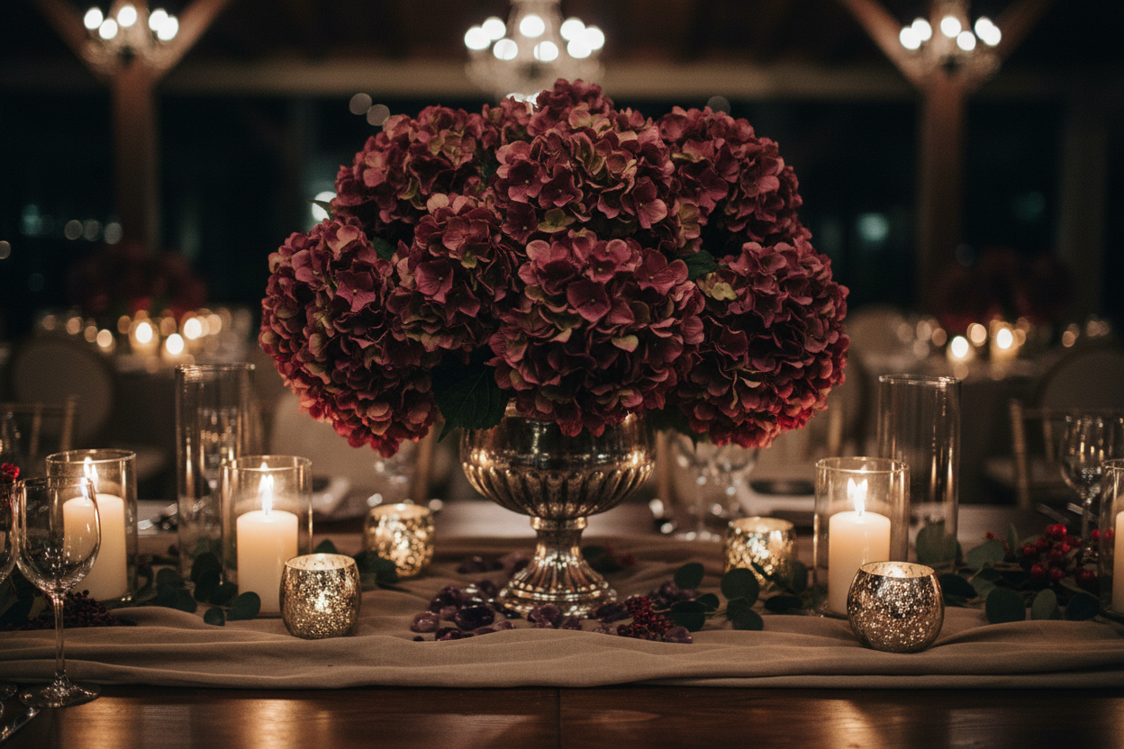 Fall wedding reception centerpiece featuring plum mauve hydrangea stems in vintage vase with candles and moody romantic setting
