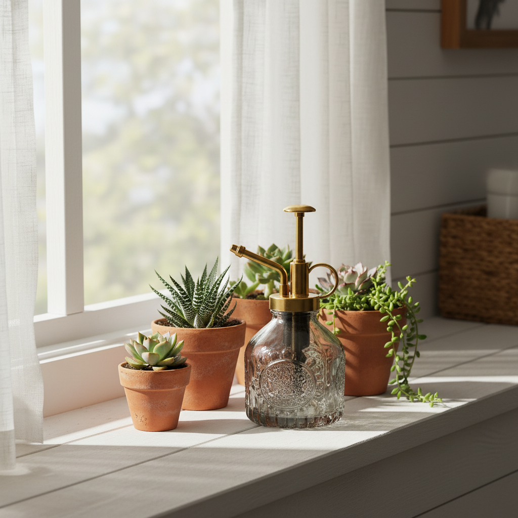 Smoke gray glass plant mister on sunny windowsill with small succulents in terracotta pots, morning light and sheer curtains in farmhouse home
