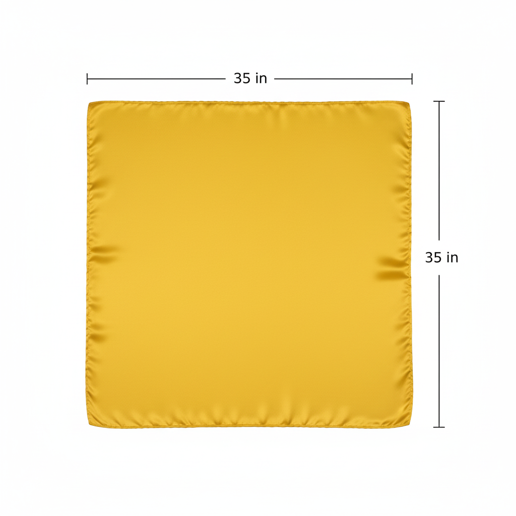 Yellow wild rag scarf measurement diagram showing 35 x 35 inch dimensions