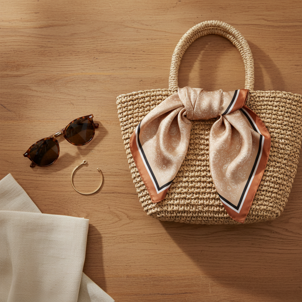 Creamy tan paisley satin scarf flat lay draped over woven straw tote bag with sunglasses old money quiet luxury styling