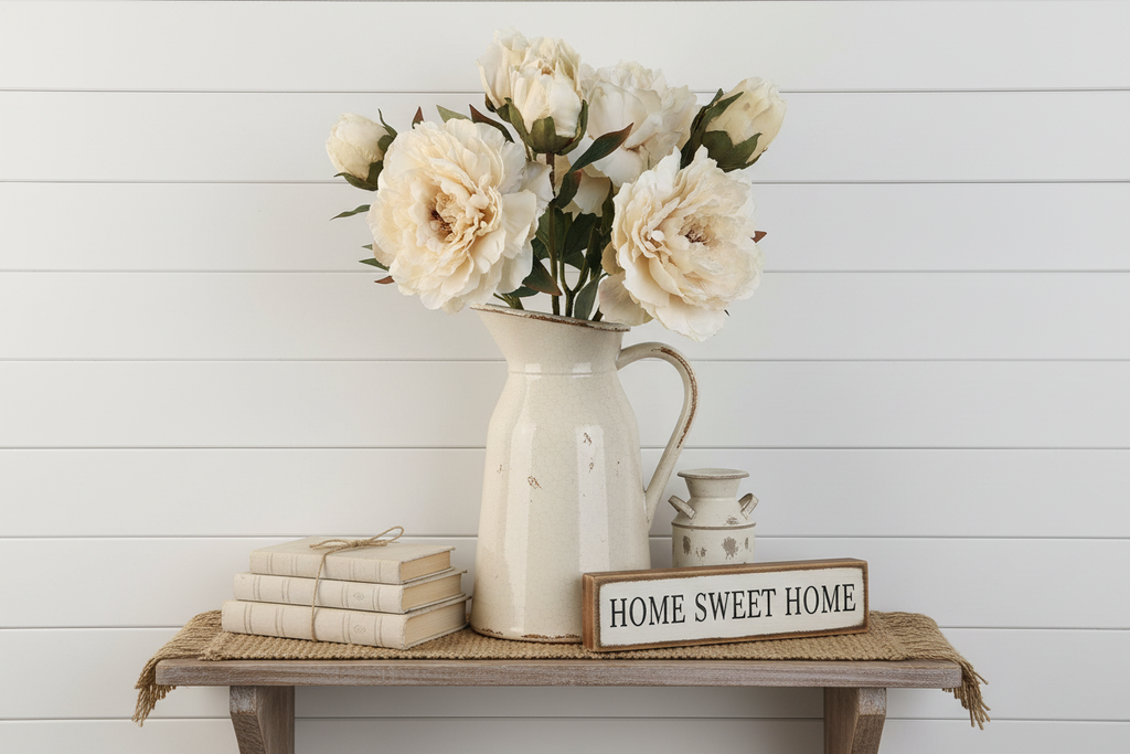 Cream ivory peony stems in vintage pitcher on white shiplap wall shelf with farmhouse accessories