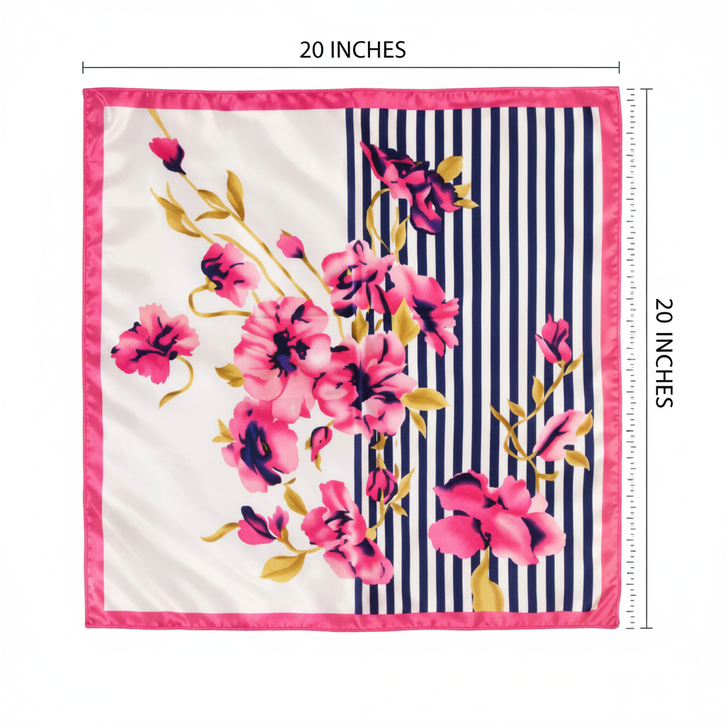Pink navy floral stripe satin square scarf size measurement diagram showing 20 inches by 20 inches on white background spring blossom pattern
