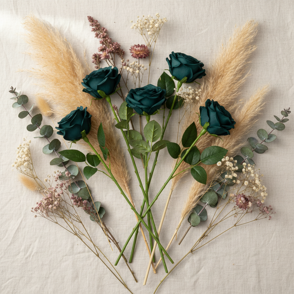 Set of 6 dark teal green peacock artificial rose stems in boho flat lay on cream linen with pampas grass dried eucalyptus mauve flowers and ivory blooms