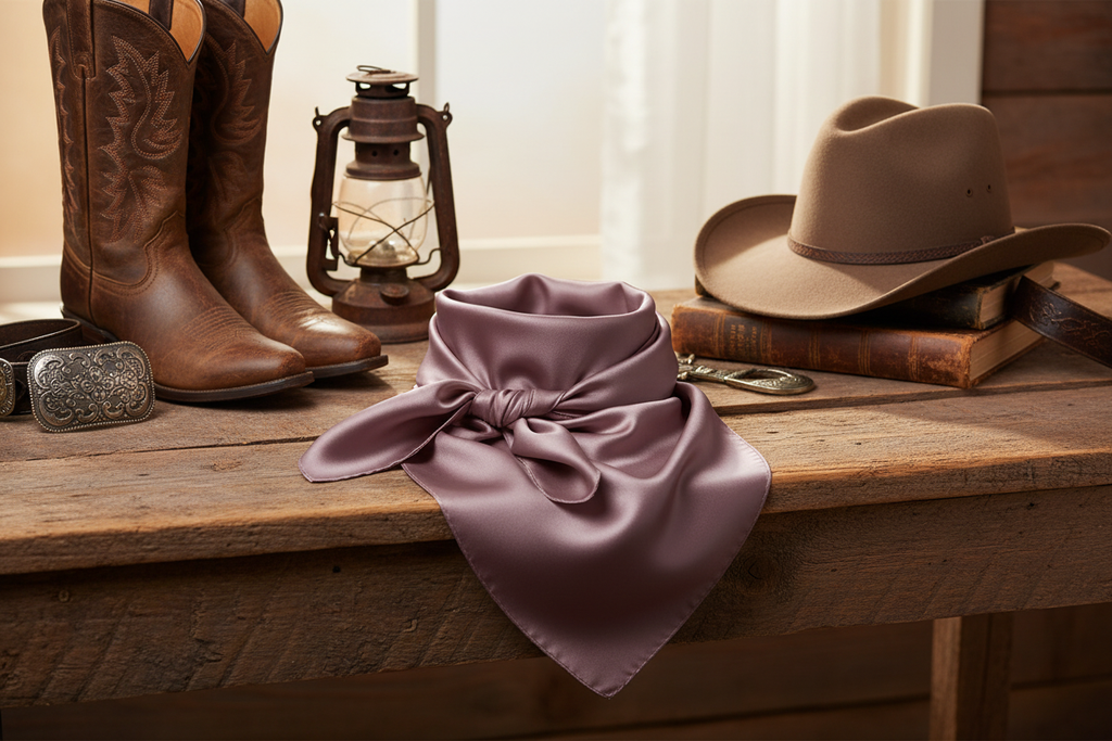 Light plum satin wild rag scarf styled with western accessories boots and cowboy hat