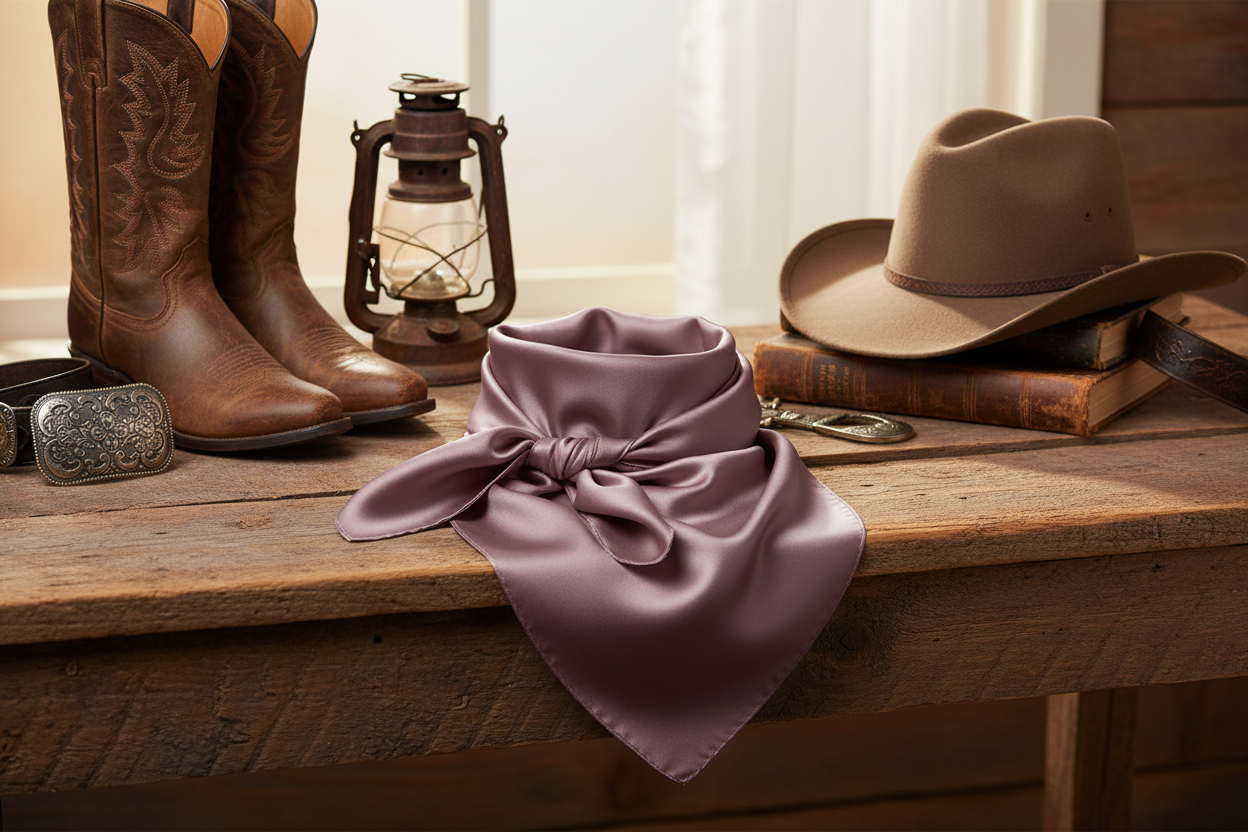 Light plum satin wild rag scarf styled with western accessories boots and cowboy hat