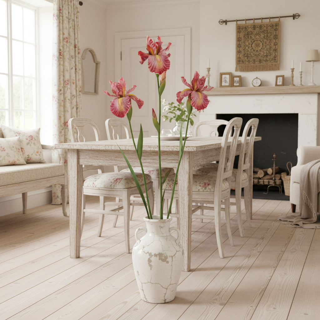 Three pink and purple artificial iris flowers with yellow centers in vintage white ceramic vase, cottage farmhouse shabby chic French country decor