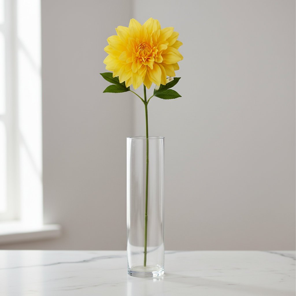 Single bright yellow dahlia faux flower stem in tall clear glass vase on white marble countertop