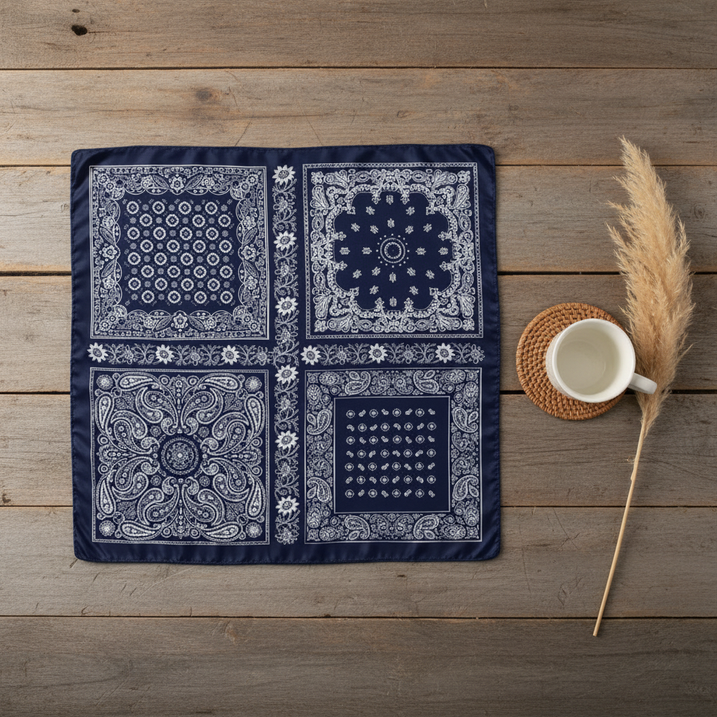 Navy blue and white paisley bandana square scarf laid flat open on weathered wood surface showing four-quadrant pattern with minimal boho props