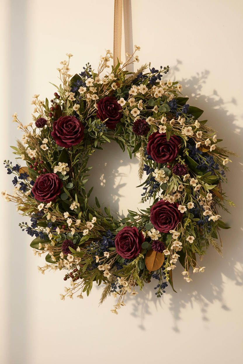 Cream beige dogwood wildflower stems in full lush summer wreath with burgundy roses, navy delphinium and rich greenery hanging on white wall