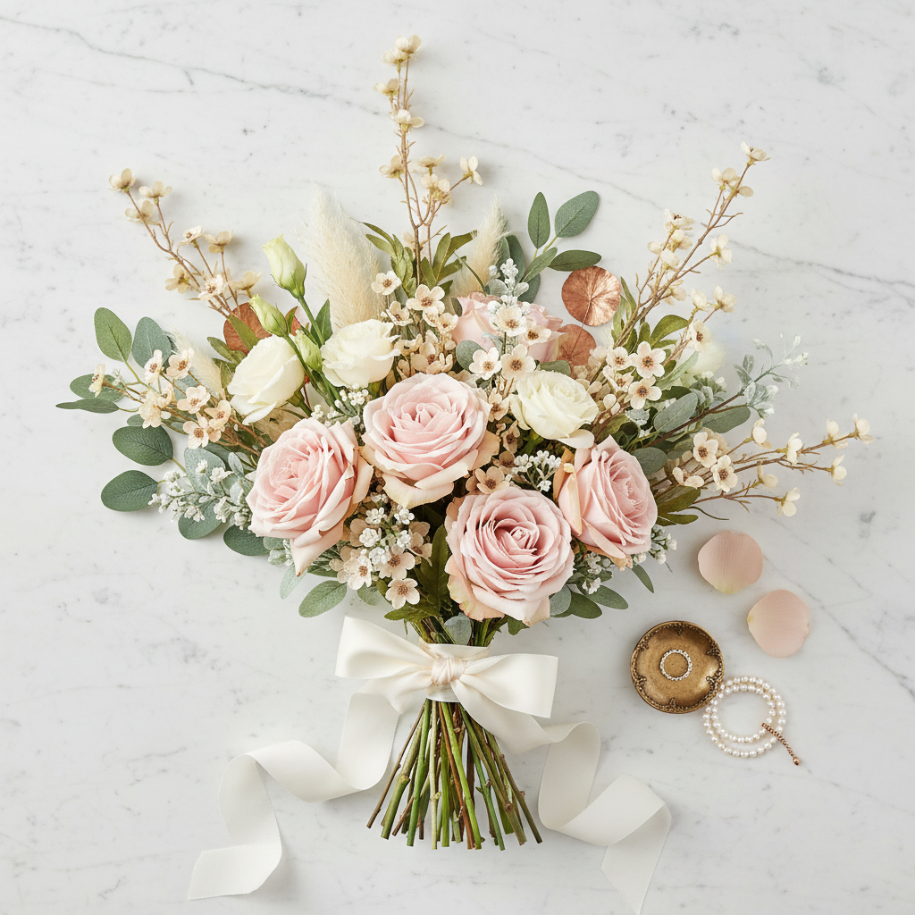 Cream beige dogwood wildflower stems in bridal bouquet flat lay with blush garden roses, ivory lisianthus, eucalyptus and ivory satin ribbon on white marble - wedding flowers