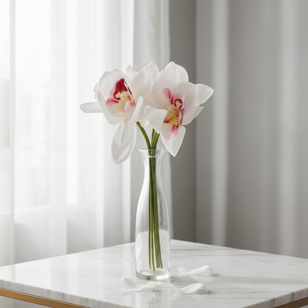 Artificial white Cymbidium orchid bouquet with blush pink centers displayed in a clear glass vase on a white marble surface, elegant minimalist home decor