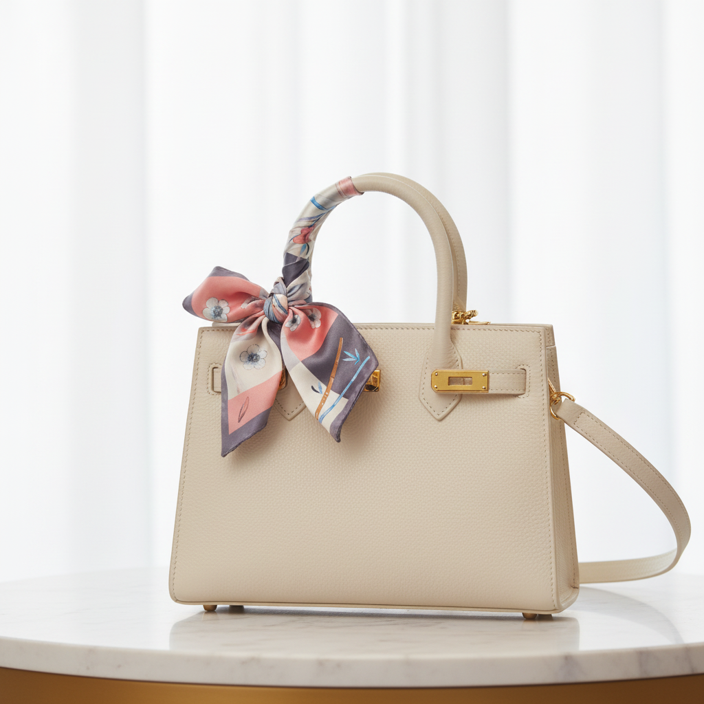 Floral bamboo patchwork satin square scarf tied onto designer handbag handle as a bag charm accent