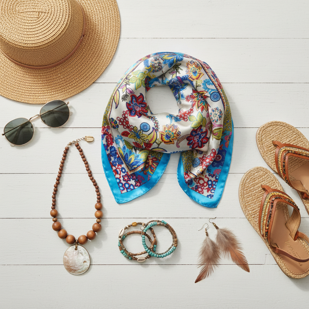 Flat lay of blue floral boho scarf with summer accessories including straw hat and sunglasses