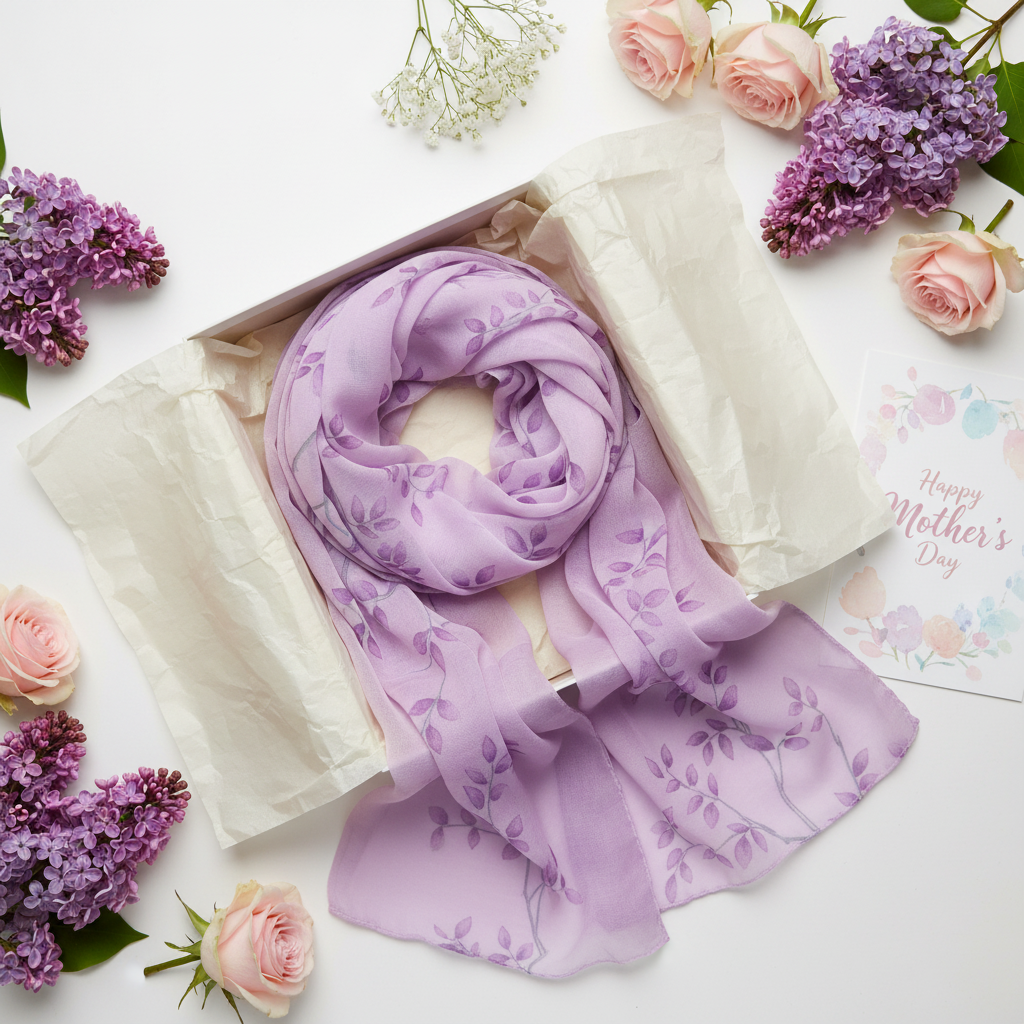 Lavender chiffon scarf in Mother's Day gift box with flowers and tissue paper