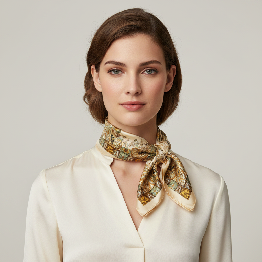 Woman wearing cream gold sage green paisley floral satin scarf tied as a classic neck scarf – elegant boho designer-inspired styling