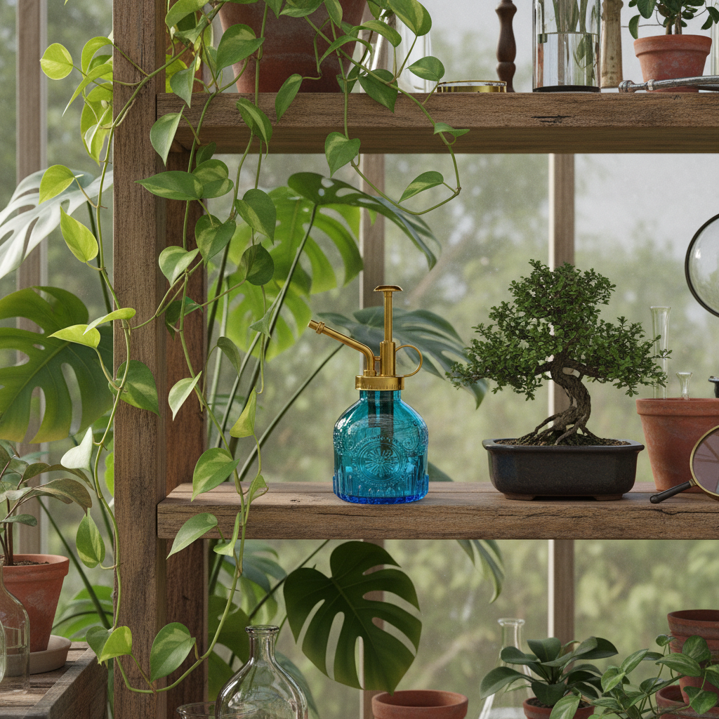 Blue glass plant mister with gold pump on rustic wooden shelf with hanging plants and bonsai