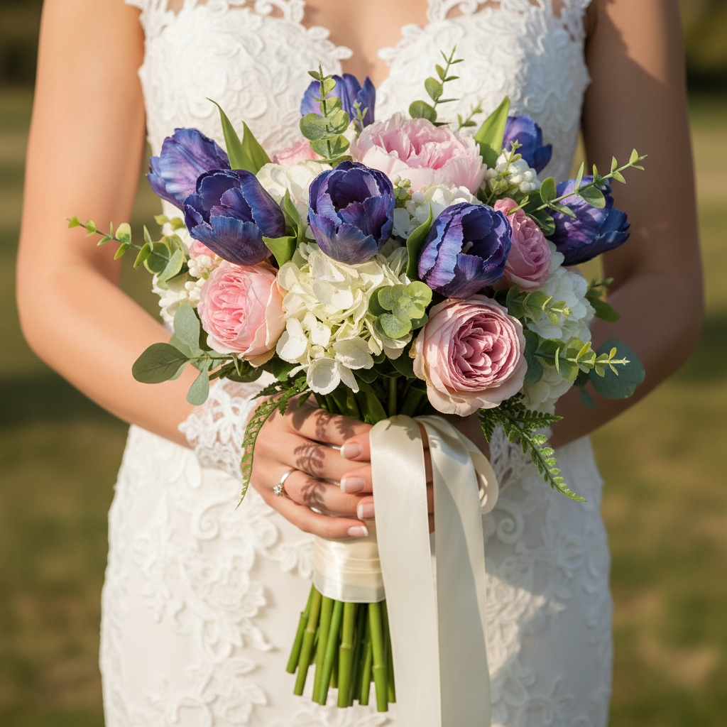 Romantic wedding bridal bouquet featuring purple gradient tulips mixed with white flowers and greenery