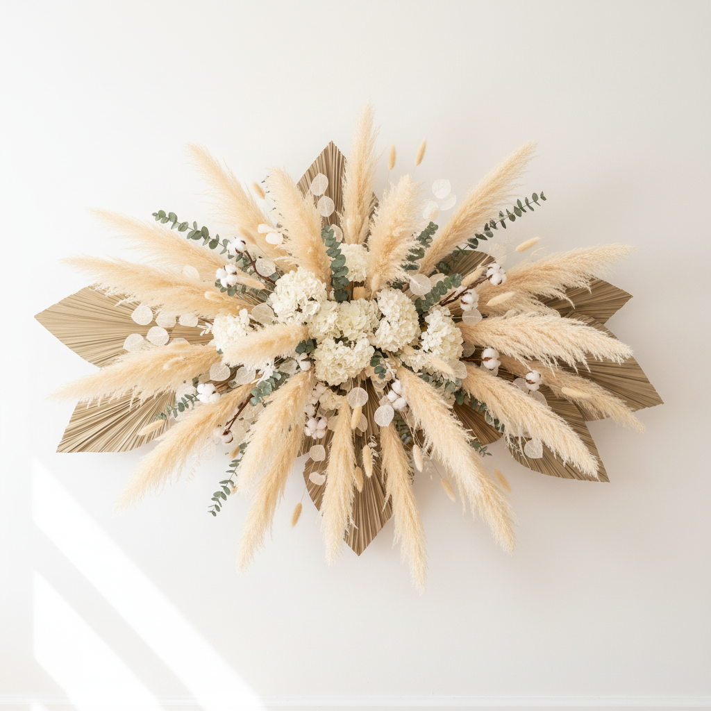 Cream beige faux pampas grass stems featured in boho dried floral wall installation with fan palms, white hydrangeas, lunaria, cotton stems and eucalyptus on white wall