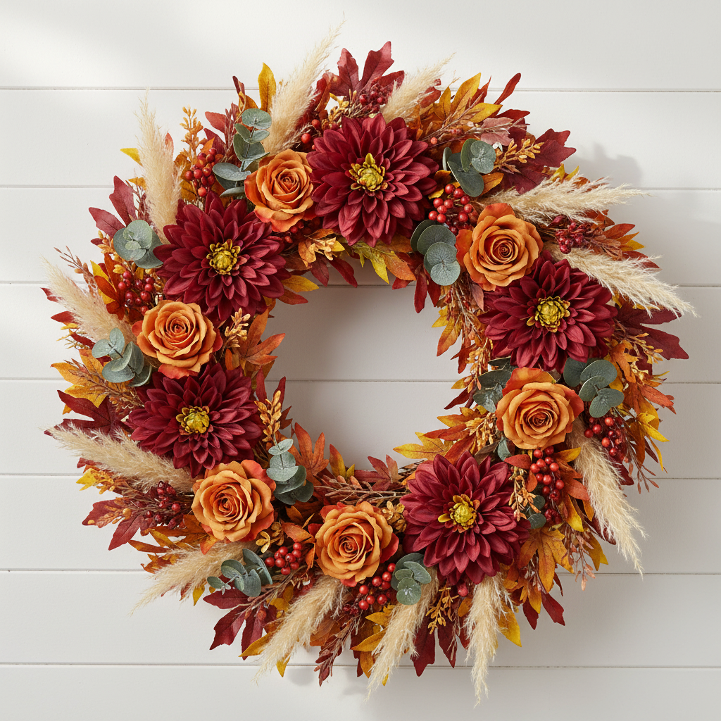 Round fall farmhouse wreath with burgundy dahlia blooms, orange roses, red berries and autumn leaves on shiplap wall
