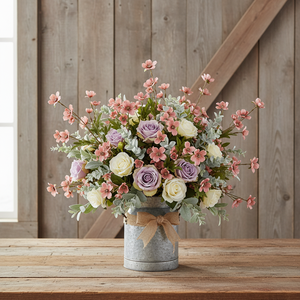 Dusty rose dogwood stems with lavender, cream roses, and eucalyptus in a galvanized metal milk can with burlap ribbon on a weathered barn wood table with rustic plank wall background