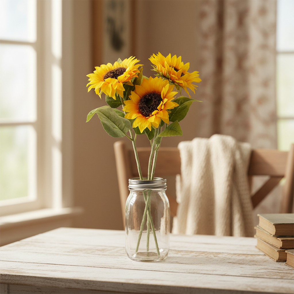 Three yellow artificial sunflower stems arranged in rustic mason jar on white farmhouse table