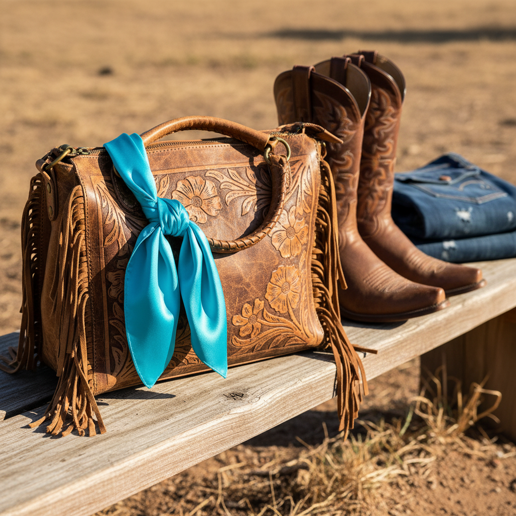 Turquoise blue wild rag scarf tied as purse accessory on leather western bag with boots