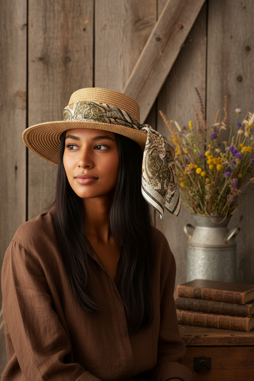 Ivory olive paisley square scarf tied as hat band on straw hat western cottagecore styling