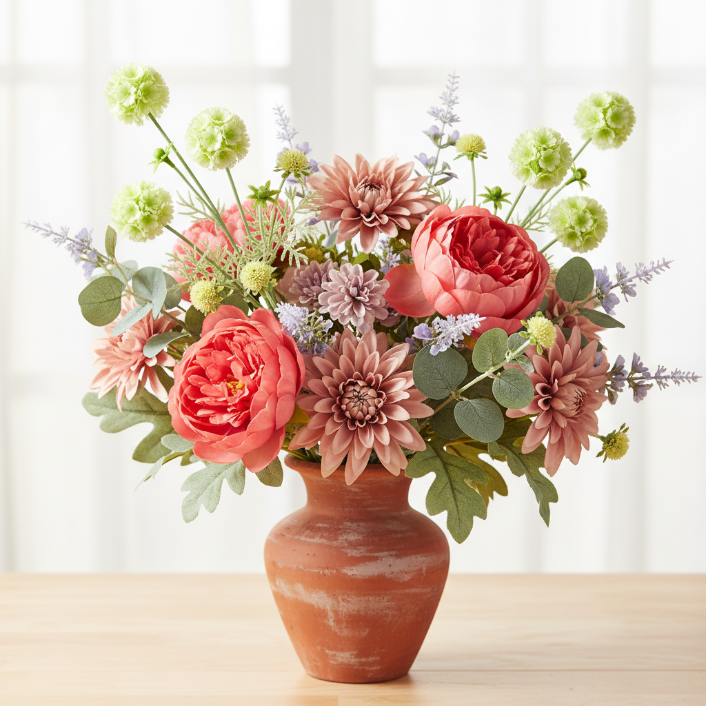 Faux green white scabiosa stems mixed into a full wildflower bouquet with coral peonies, dusty rose dahlias, lavender wildflowers and eucalyptus in a rustic terracotta vase