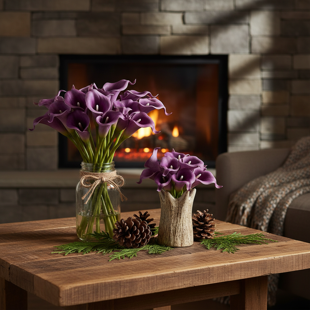 Cozy log cabin style arrangement with artificial purple calla lilies, pine cones, and cedar branches on rustic wooden table
