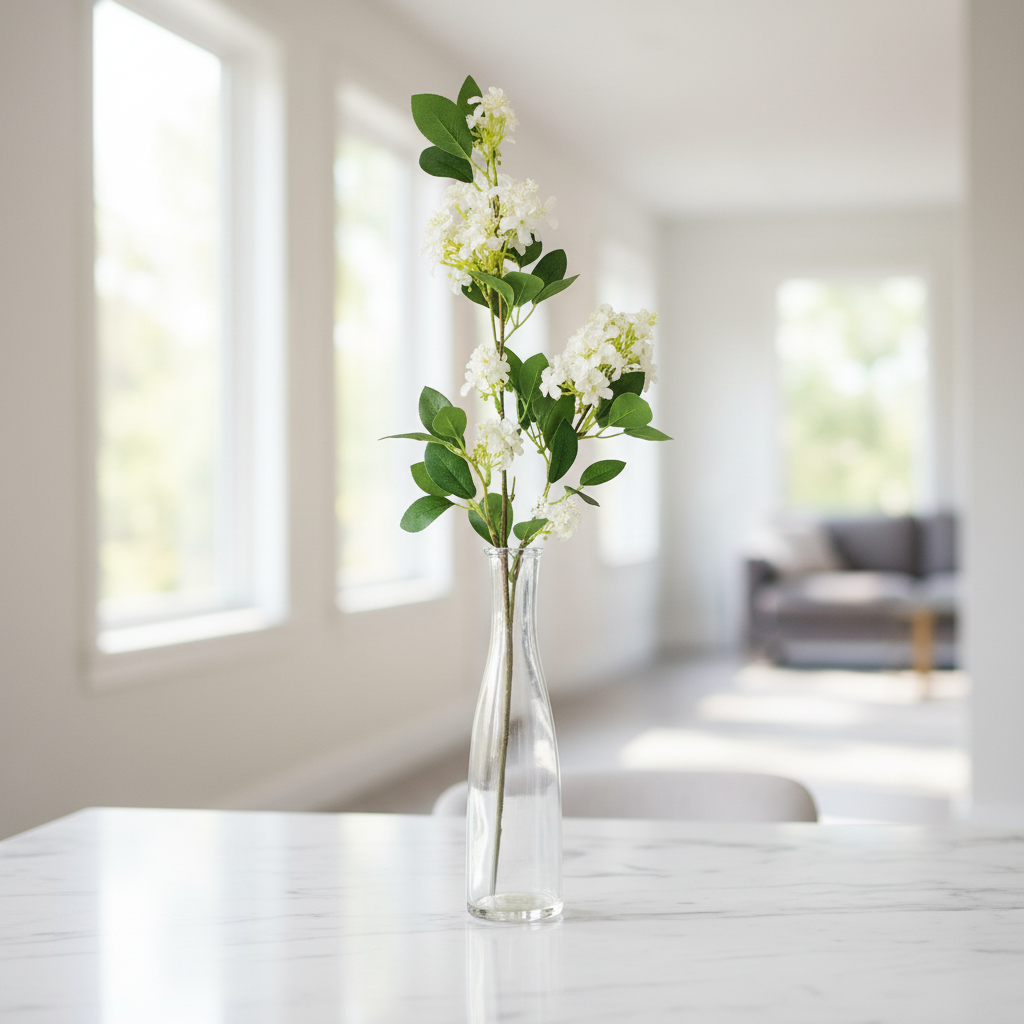 Artificial white blossom stem displayed in a clear glass vase on a white marble table in a bright airy home interior