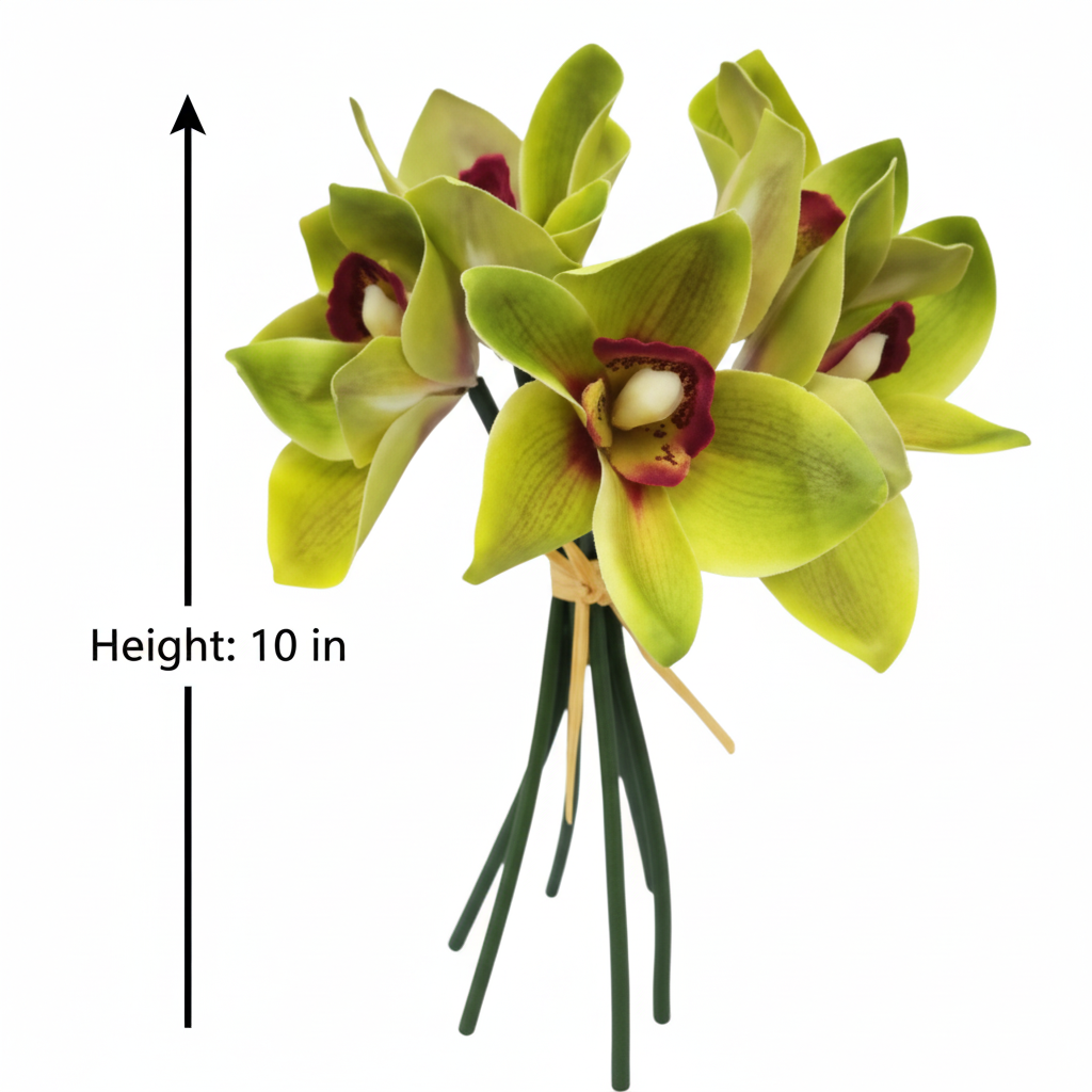 Artificial green cymbidium orchid stems measurement diagram showing height 10 inches