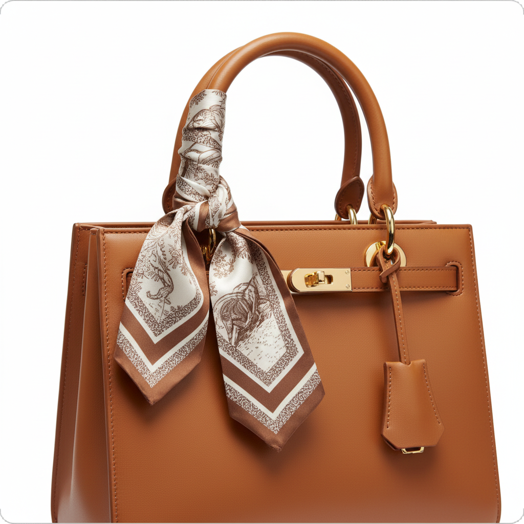 Brown beige jungle safari animal wildlife print 35 inch square scarf tied as bag charm on designer handbag accessory styling
