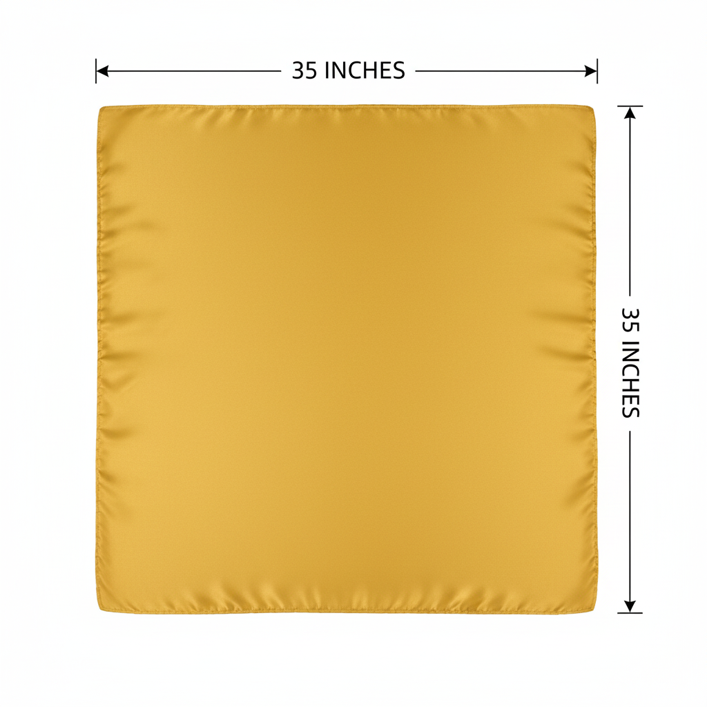Bright gold wild rag scarf measurement diagram showing 35 inches by 35 inches dimensions