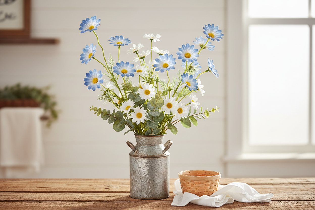 Artificial blue cosmos daisy flower stems set of 2 in galvanized milk can vase, dusty blue ombre wildflowers farmhouse arrangement on barn wood surface