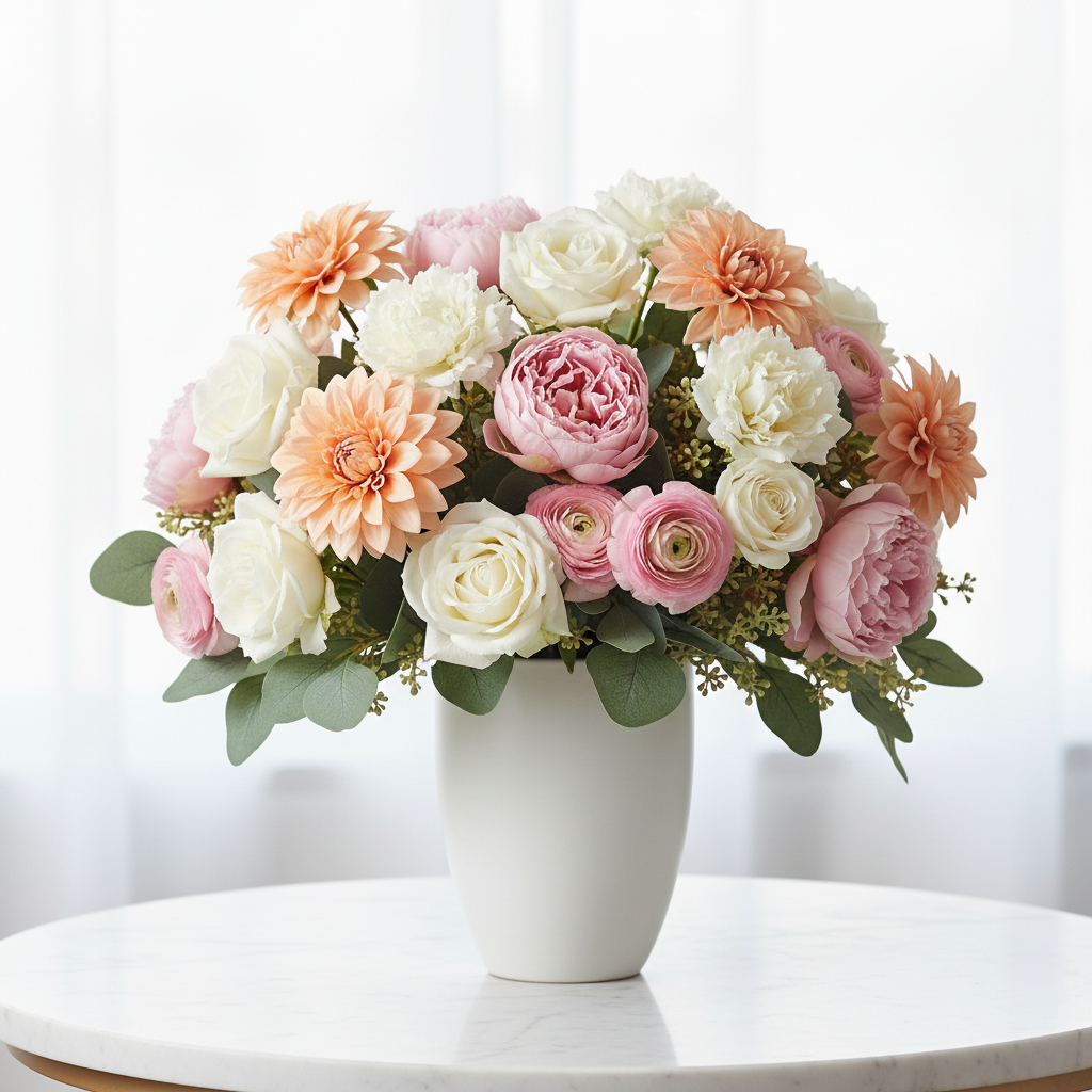 Soft peach dahlia stems mixed with white garden roses, blush peonies and eucalyptus in white ceramic vase