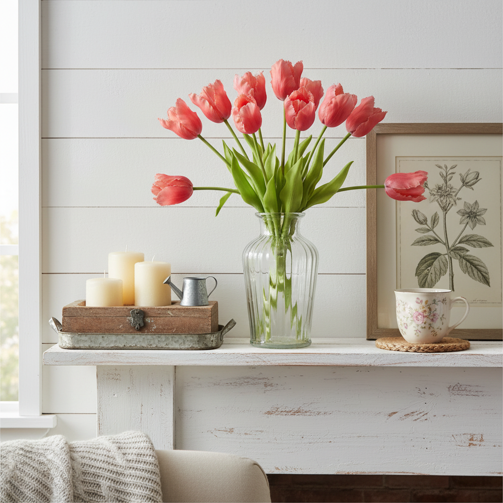 Faux coral pink tulips with purple tips in vintage glass vase on white mantel - farmhouse home decor