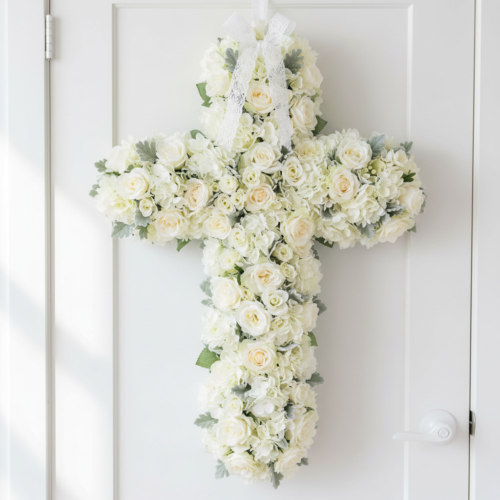 All white elegant cross wreath with hydrangeas and cream roses for wedding or memorial