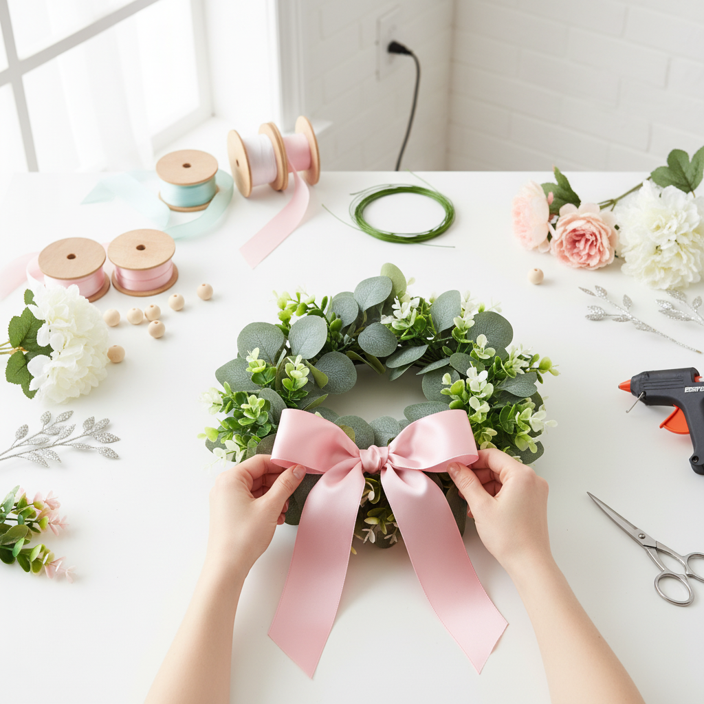 DIY wreath making craft workspace with eucalyptus base and crafting supplies
