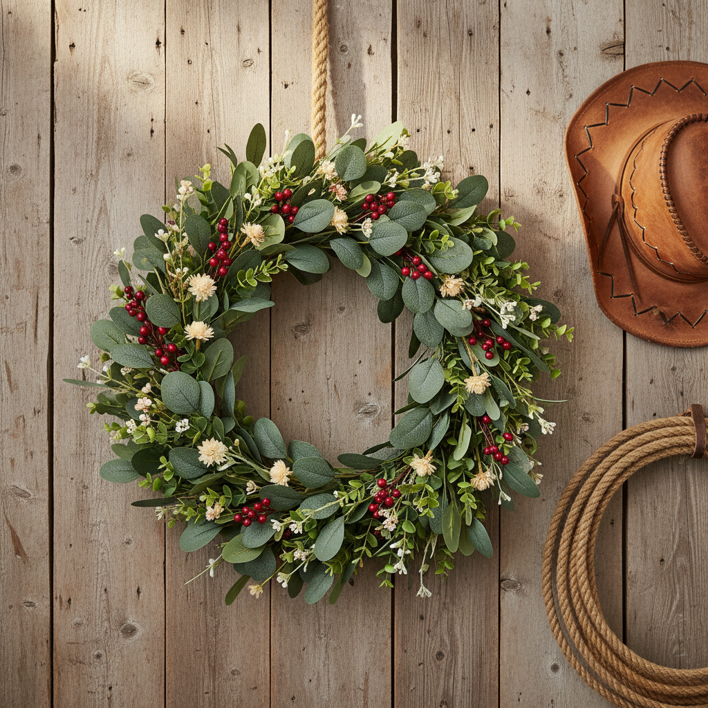 Western ranch style eucalyptus wreath with red berries and dried wildflowers on barn wood