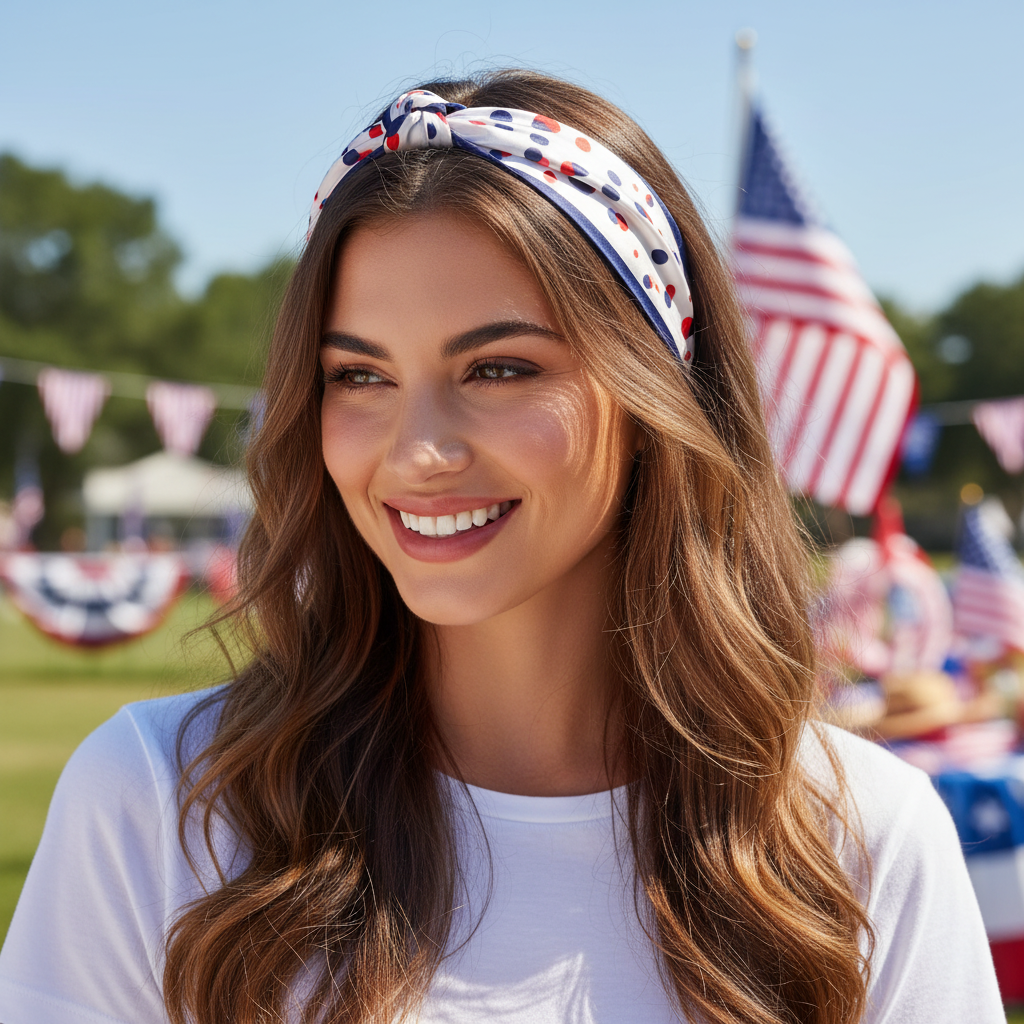 Patriotic polka dot 20x20 satin scarf styled as headband hair wrap accessory