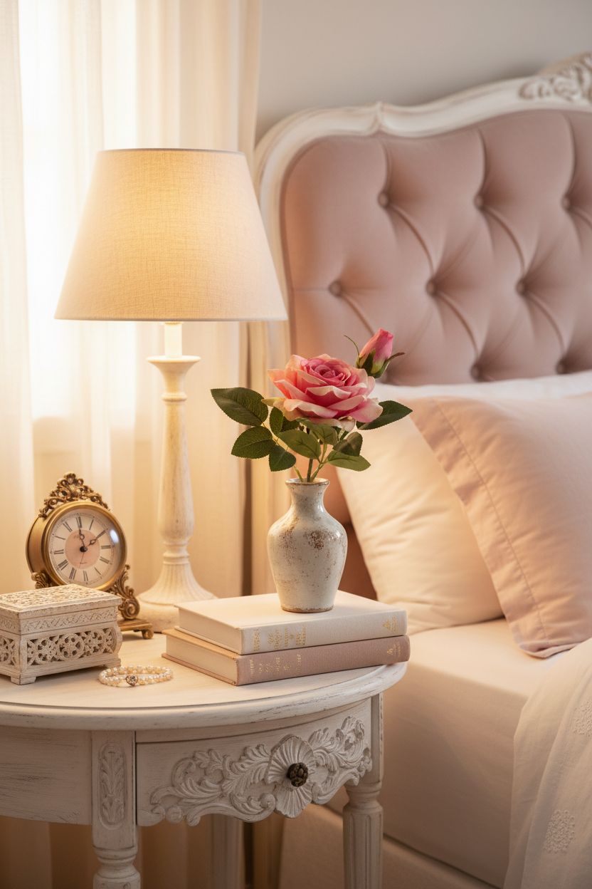 Bedroom nightstand styling with single artificial pink rose in bud vase, French country romantic decor