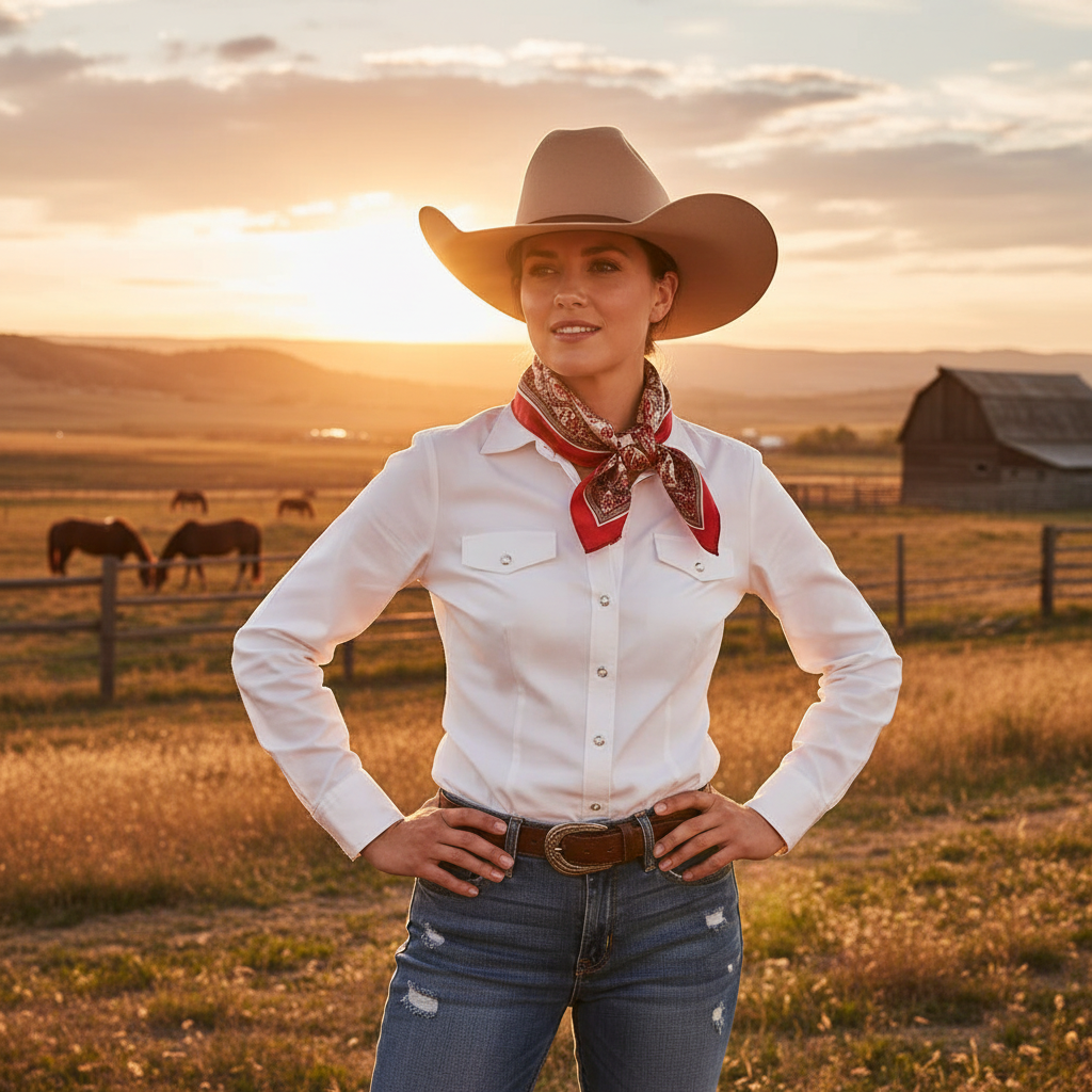 Woman wearing small red paisley satin square scarf tied around neck as western wild rag cowgirl outfit ranch lifestyle