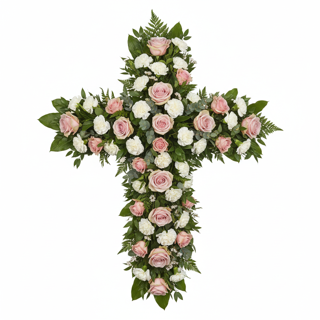 Pink rose and white carnation memorial cross arrangement with flowers completely covering wire frame