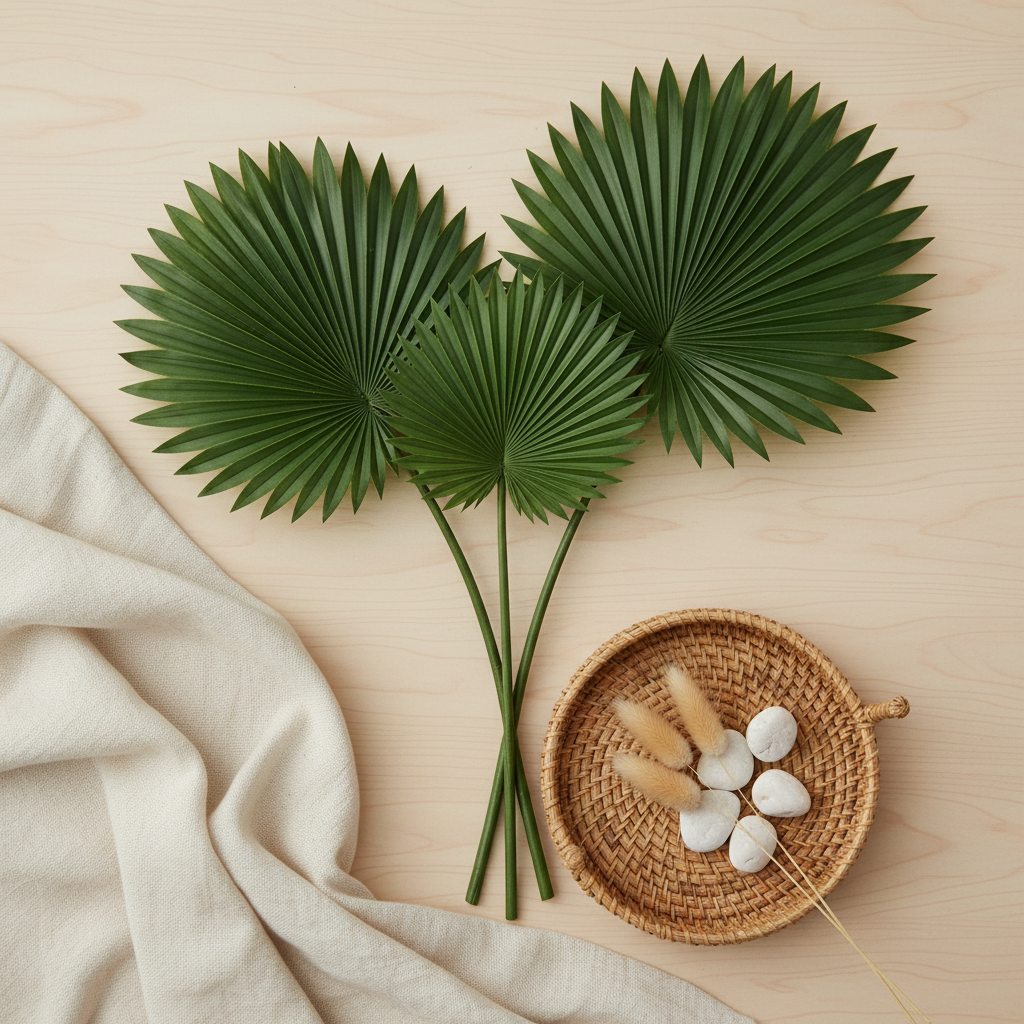 Flat lay overhead of 3 artificial fan palm leaves in different sizes with tropical boho accessories on light wood surface