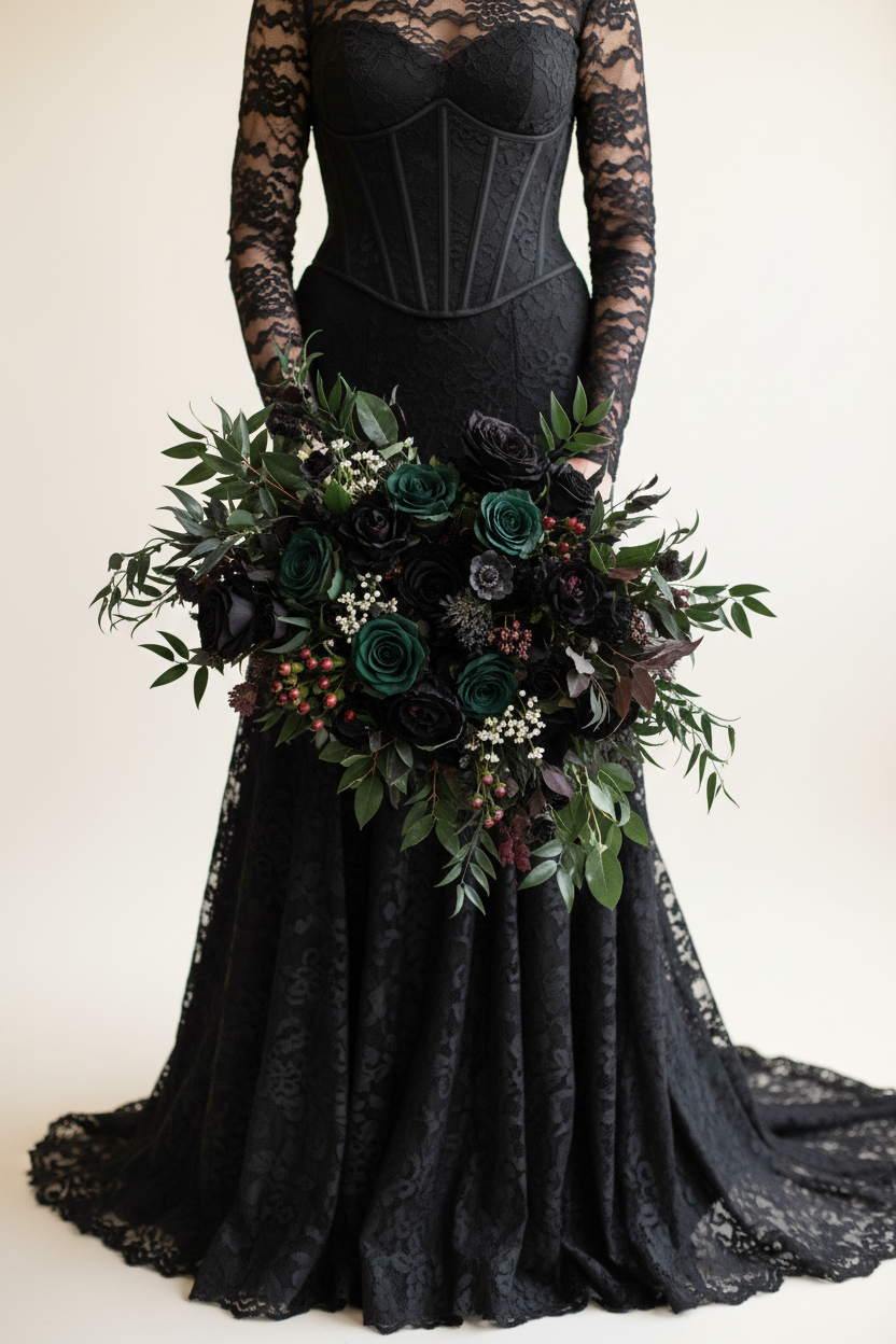Gothic bride in dark black lace wedding gown holding moody florist bridal bouquet with black velvet roses emerald green roses black foliage and dark berries