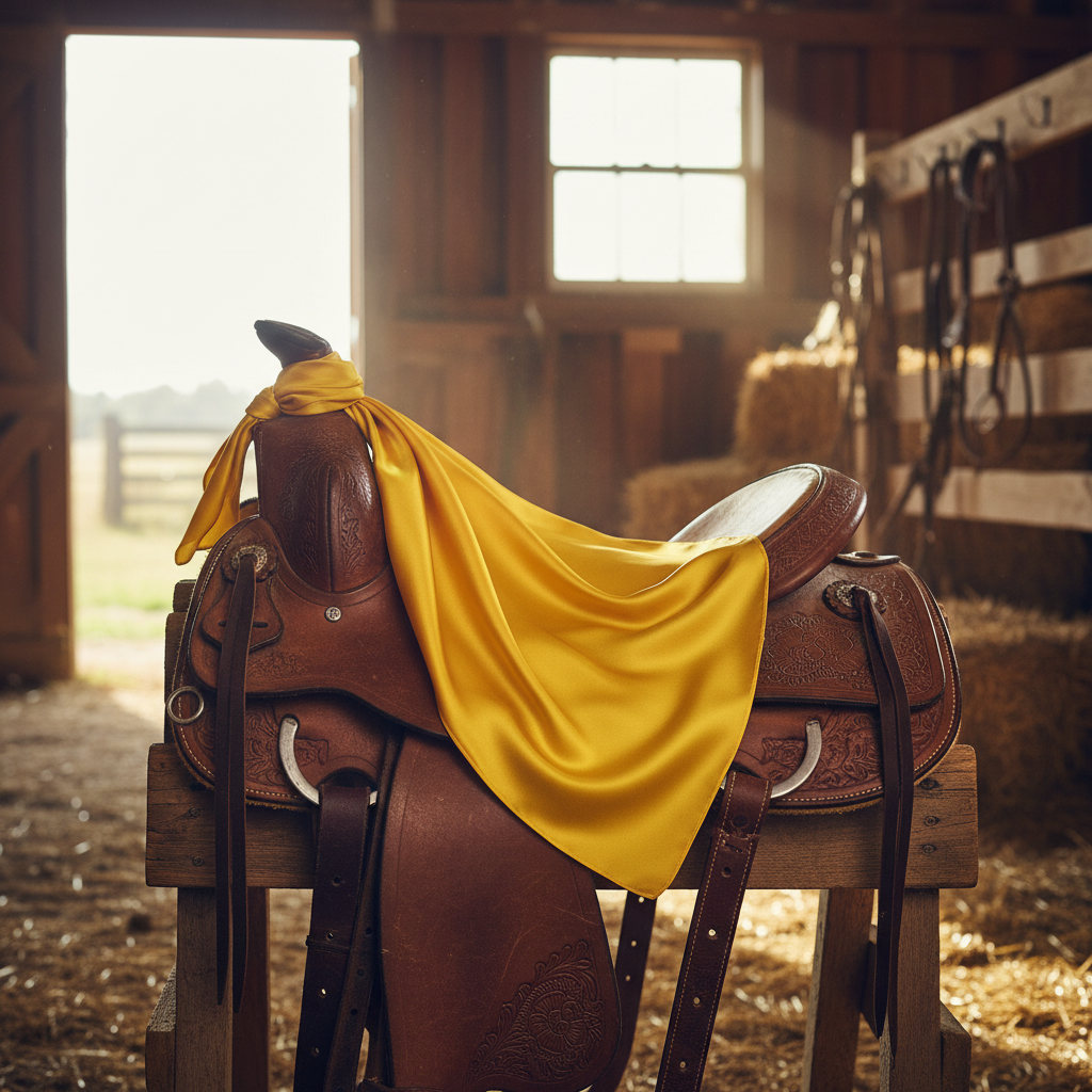 Yellow 35x35 inch wild rag scarf draped over leather western saddle in rustic barn setting