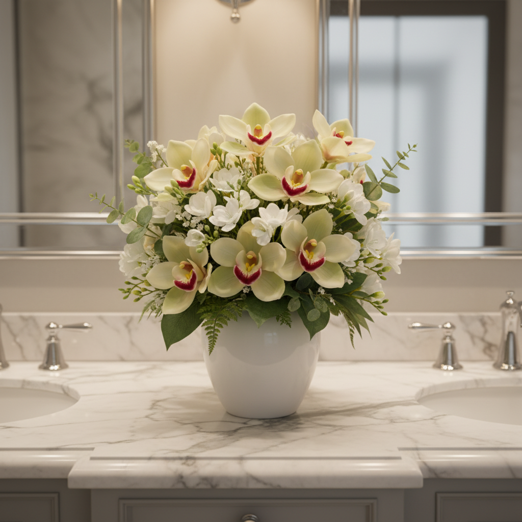 Artificial cream and pale green Cymbidium orchid bouquet with burgundy centers in a white ceramic vase on a luxury bathroom vanity marble countertop
